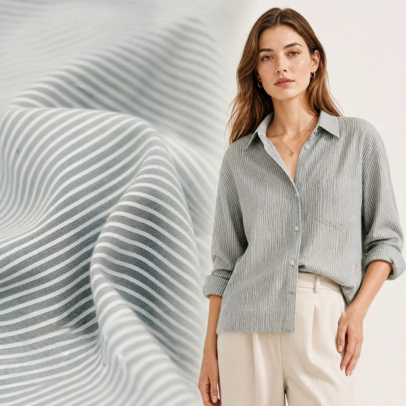 Linen Shirt Breathable - Японская серо-белая тонкополосатая дышащая хлопково-льняная ткань