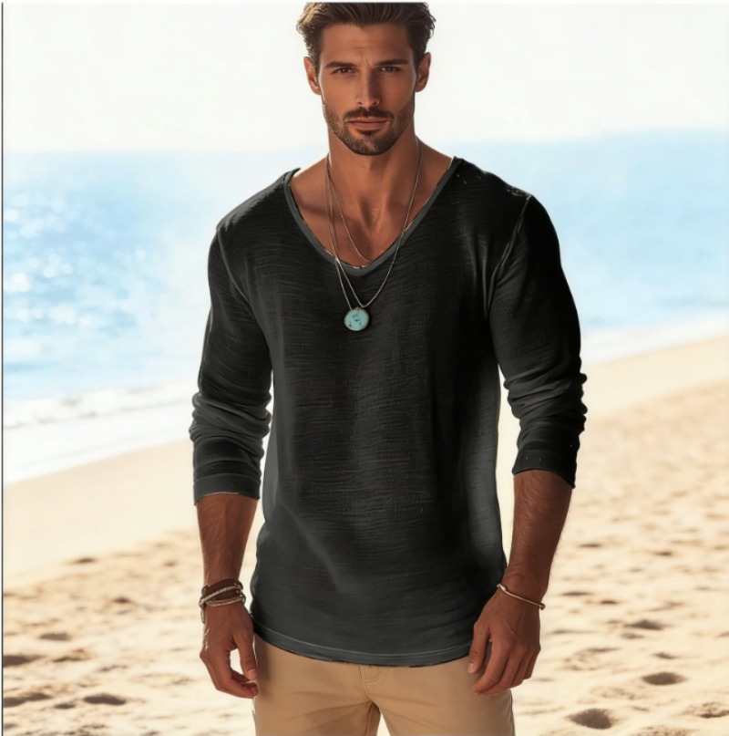 Linen Shirt Breathable - Мужская повседневная футболка с V-образным вырезом