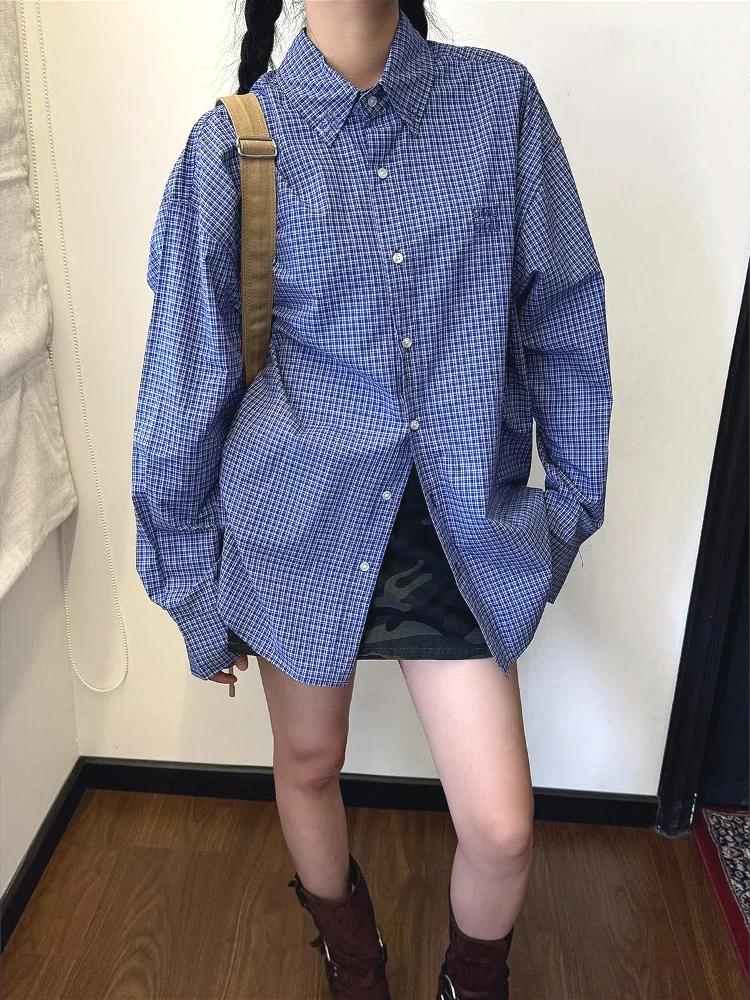 Shirt Camp Collar - Винтажные синие клетчатые рубашки для женщин,