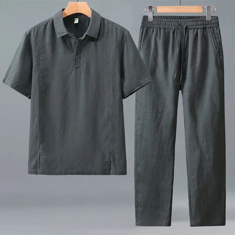 Short Linen Drawstring - Мужской летний льняной комплект больших размеров