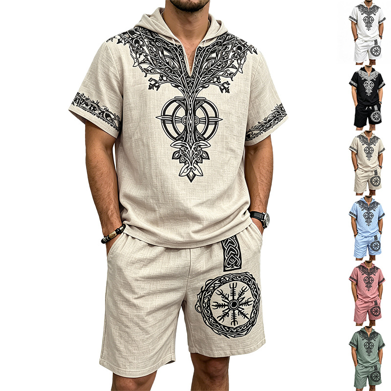 Short Linen Drawstring - Мужской летний костюм из двух предметов: